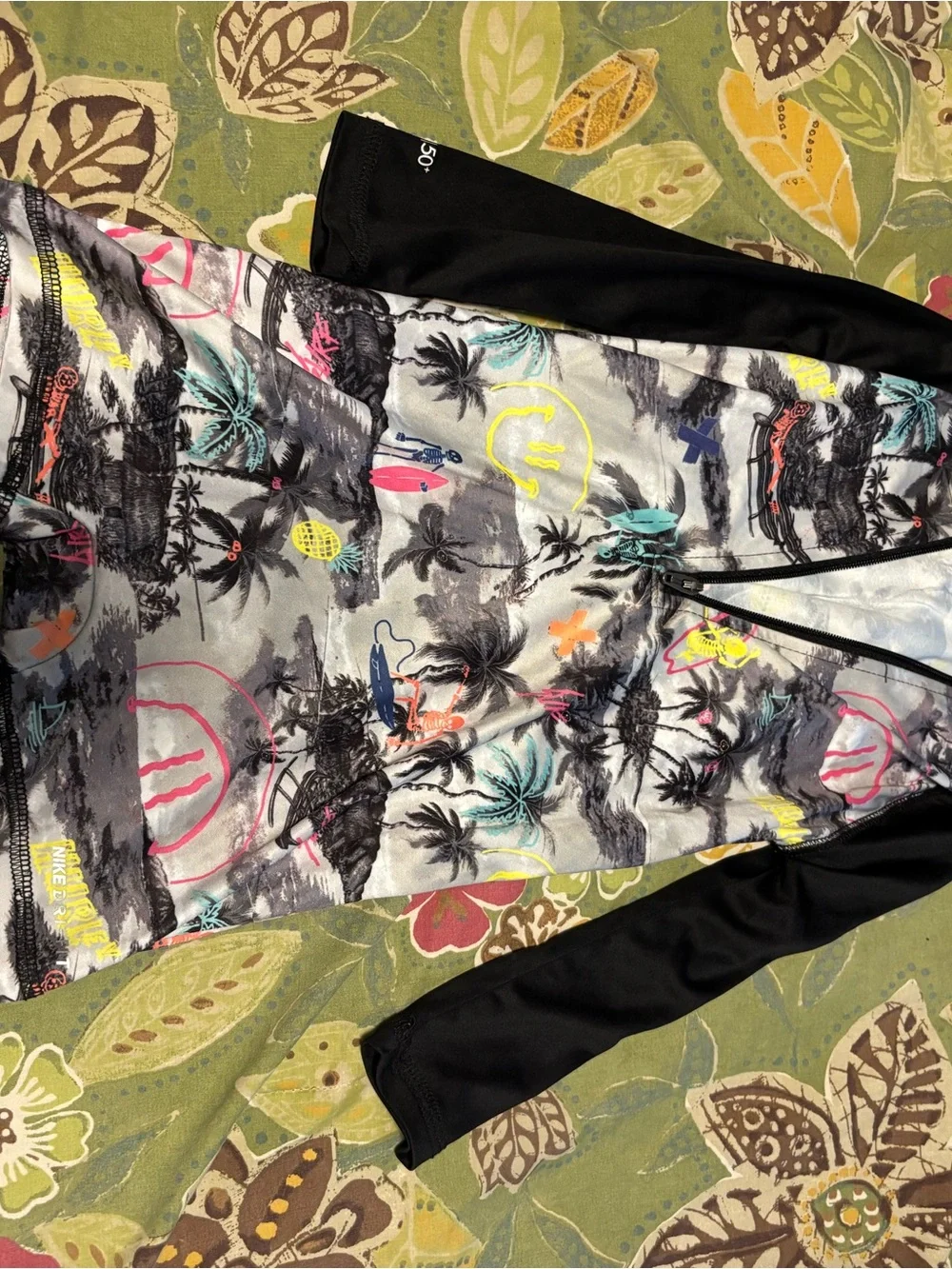 Hurley Black-Sleeve Tropical Print Hoodie with Neon Accents